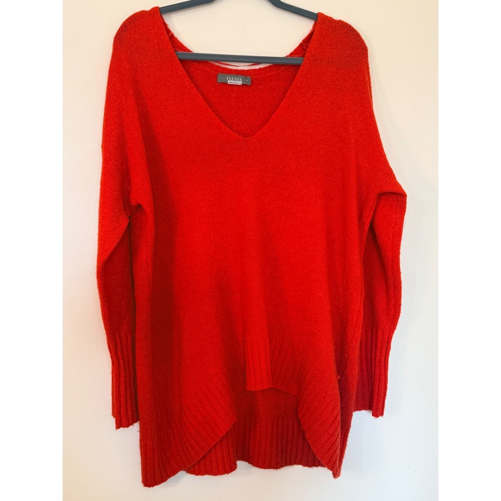 Oasis Womens Red V-Neck High-Low Knit Sweater Size Medium Oversized Pullover